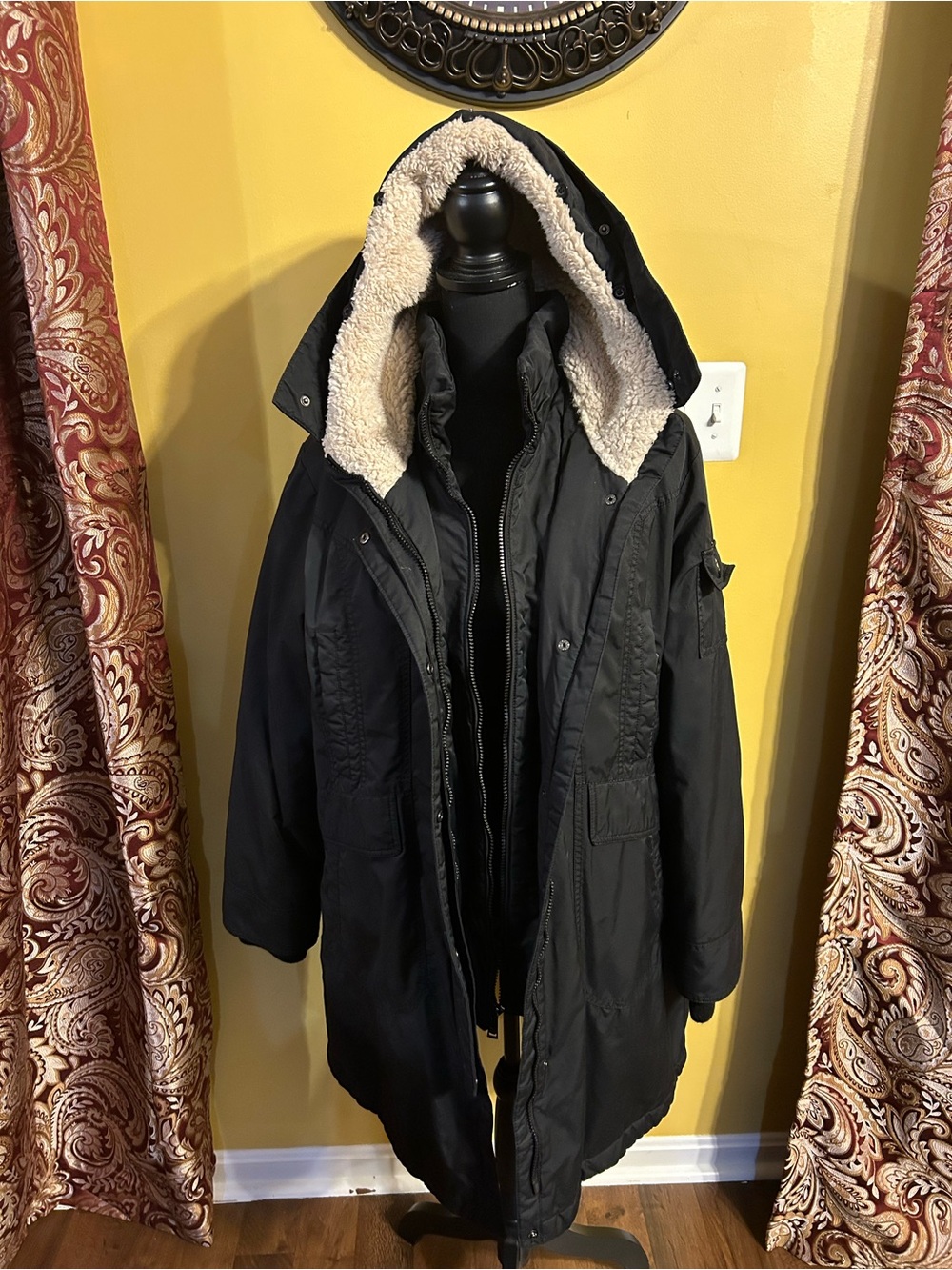 1 Madison Black Parka Coat with Sherpa-Lined Hood
